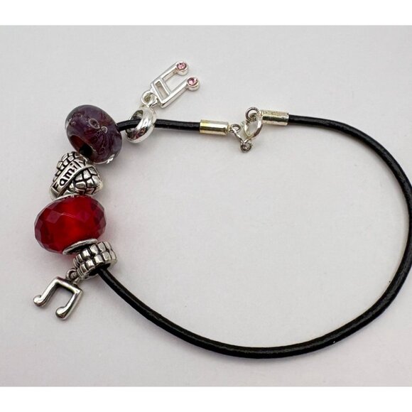 Music Note Charm Bracelet Silver Tone with Faux Leather Rope Family Purple Red - Picture 5 of 6